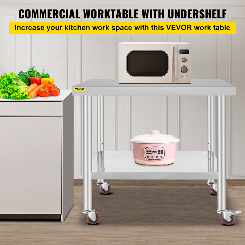 VEVOR Кухонный стол для приготовления пищи из нержавеющей стали с 4 роликовыми колесами и задней панелью грузоподъемностью до 100 кг-300 кг для домашнего обеденного стеллажа для хранения