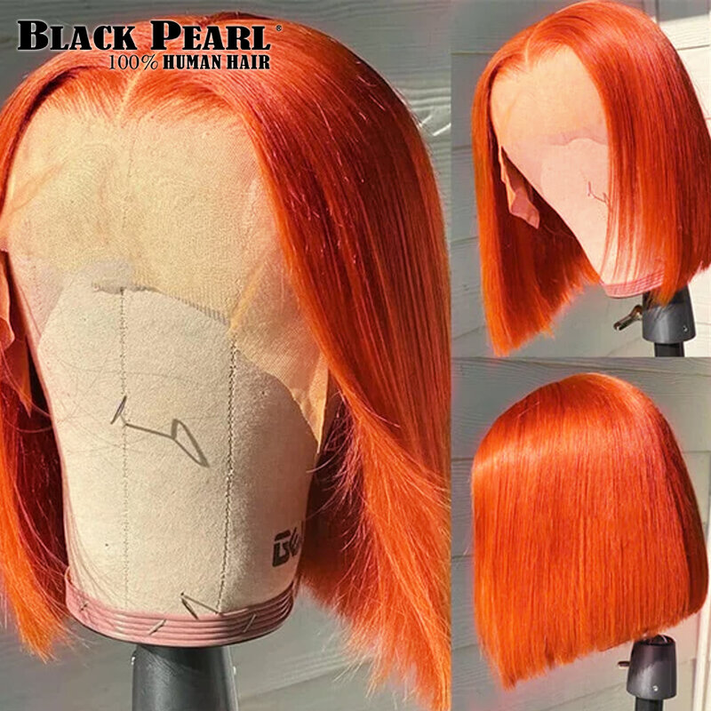 Peluca de cabello humano liso con encaje frontal para mujer, pelo corto Bob, naranja jengibre, HD, prearrancado, densidad de 150%