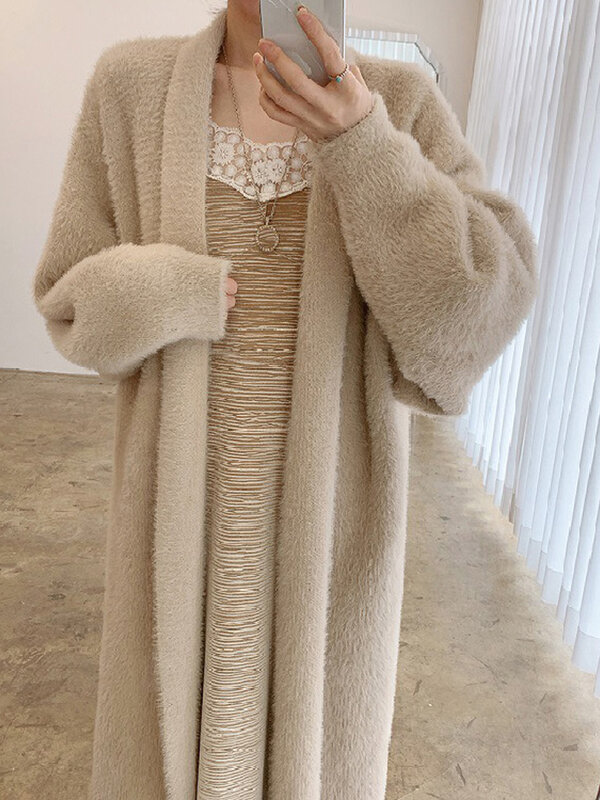 Fluffy Long Cardigan Women Elegant Long Sleeve Fur Loose Female Knit Sweater Coat 2023 Autumn Winter Street Maxi Lady Outwear