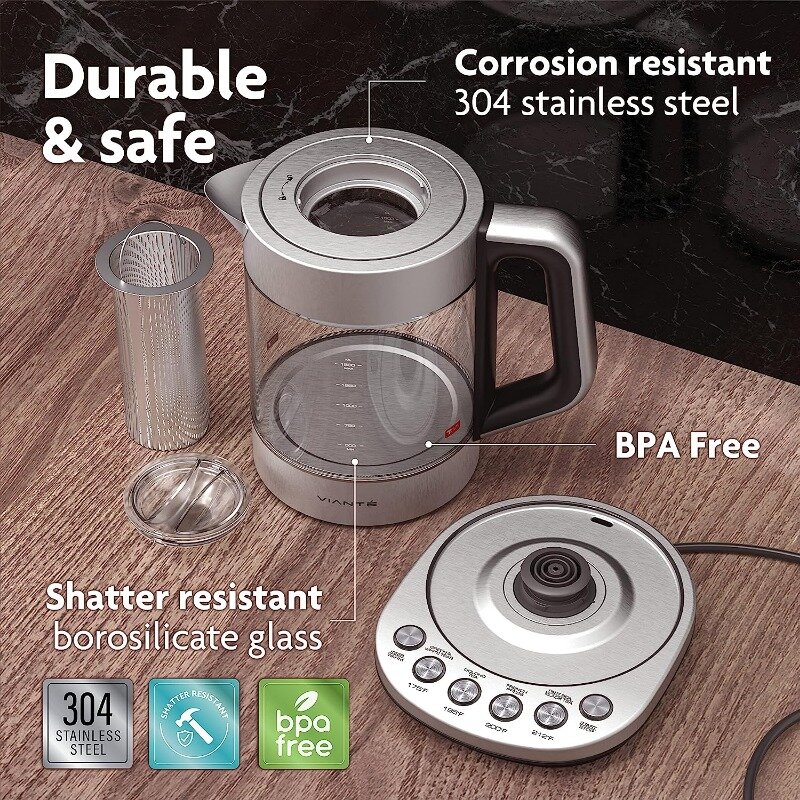Vianté- 電気ガラスケトル,コーヒー消毒器,温度制御,容量1.5 l,自動シャットオフスイッチ