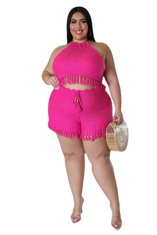 Plus Size Sexy Knitted Tassel Two Piece Set Summer Halter Sleeveless Crop Top Shorts Women Clothings Beach Style Fashion Suits