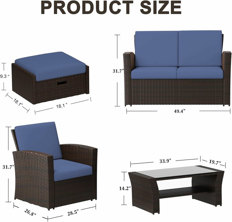 4/6 Piece Outdoor Patio Furniture Sets with Ottomans, Wicker Conversation Sets, Rattan Sofa Chair with Coffee Table