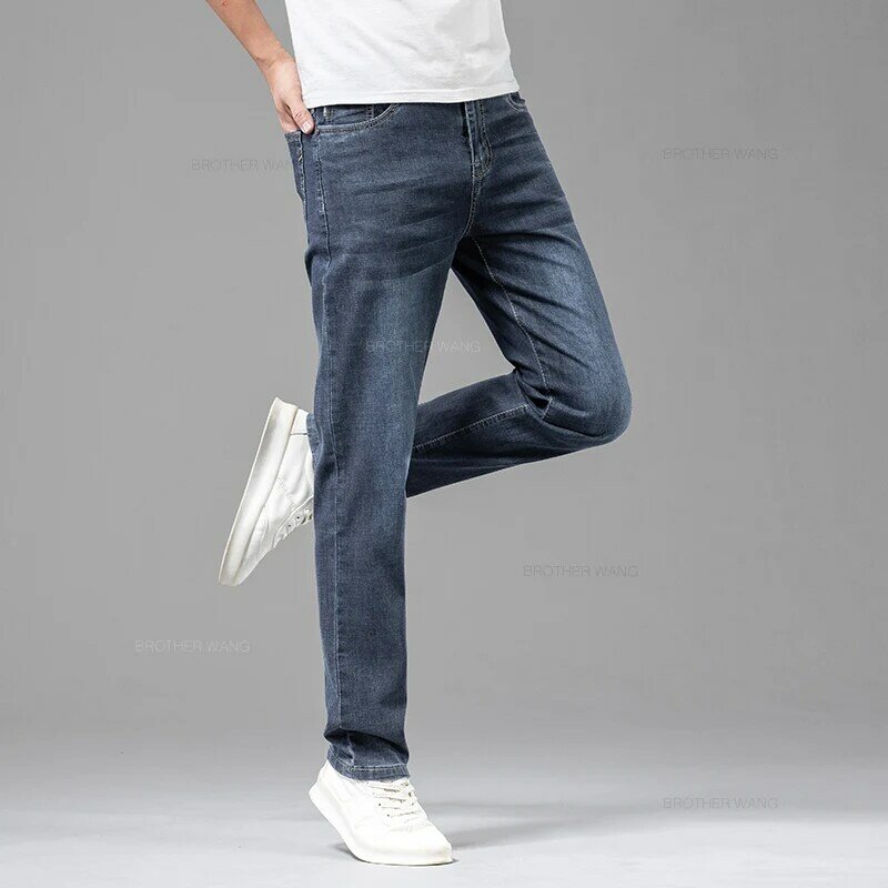 Calça jeans reta masculina de algodão elástico, calça casual confortável, moda empresarial, fina, marca de alta qualidade, verão, 2024