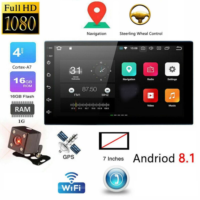 Tela de toque capacitiva Carro MP5 Player, Navegação GPS, FM, AM, 7 ", 2Din, Android 8.1