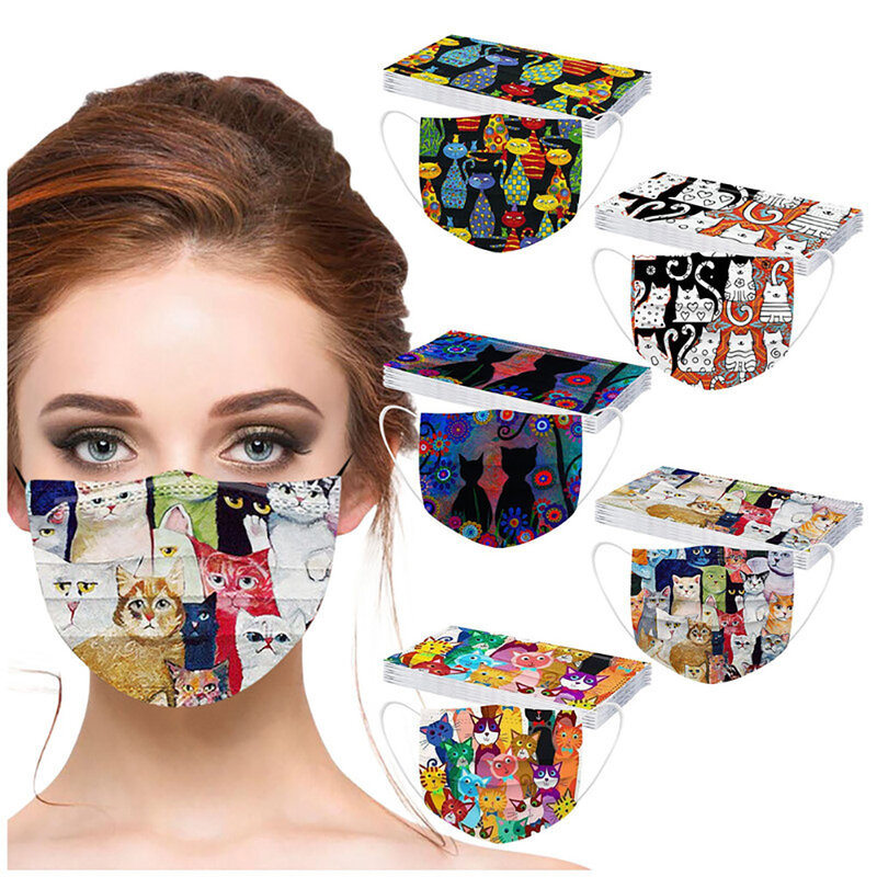 2022 New Cat Cute Print Mouth Mask Adult Kawaii Disposable Face Mask Breathable Dust 3-Ply Protective Mascara 10/100Pcs