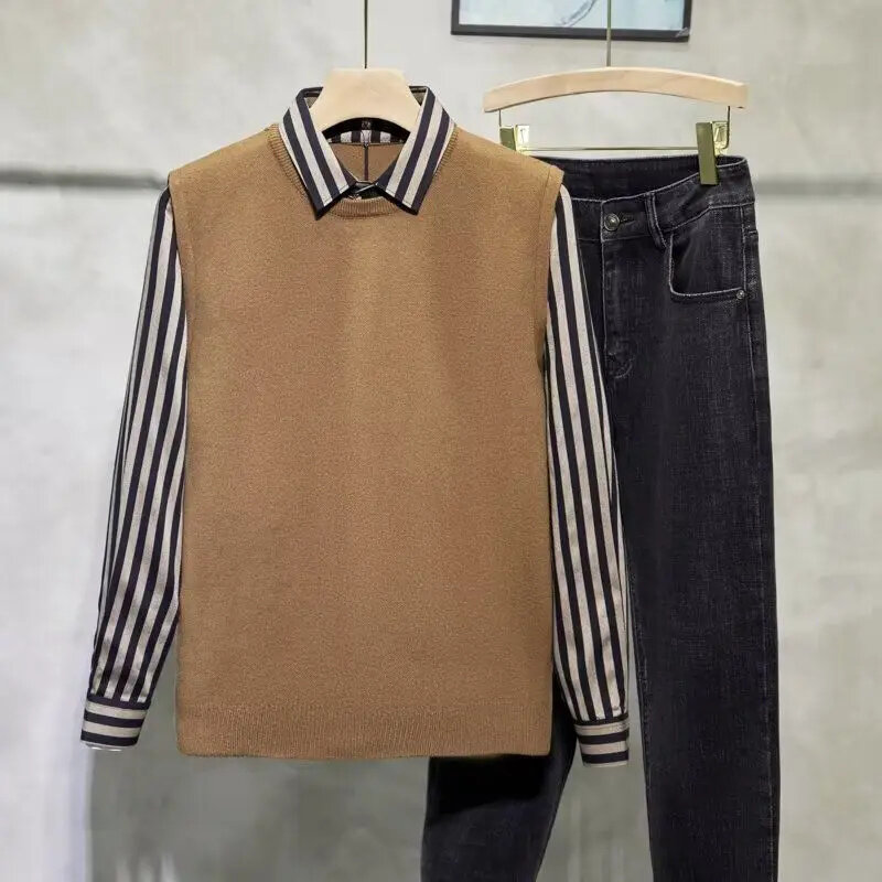 Suéteres de oficina de negocios de moda de Color sólido, dos piezas falsas, Camisa cómoda y delgada con cuello de Polo, ropa masculina de otoño e invierno, nuevo
