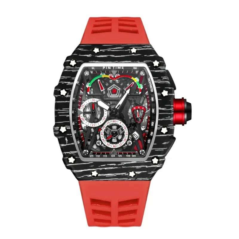 Jam tangan olahraga pria, arloji karet merah Stopwatch fungsi kronograf tanggal otomatis 2024
