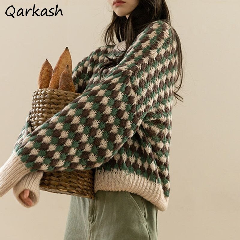 Suéteres de manga larga a cuadros para mujer, ropa de calle cómoda, holgada, elegante, con cuello redondo, estilo coreano