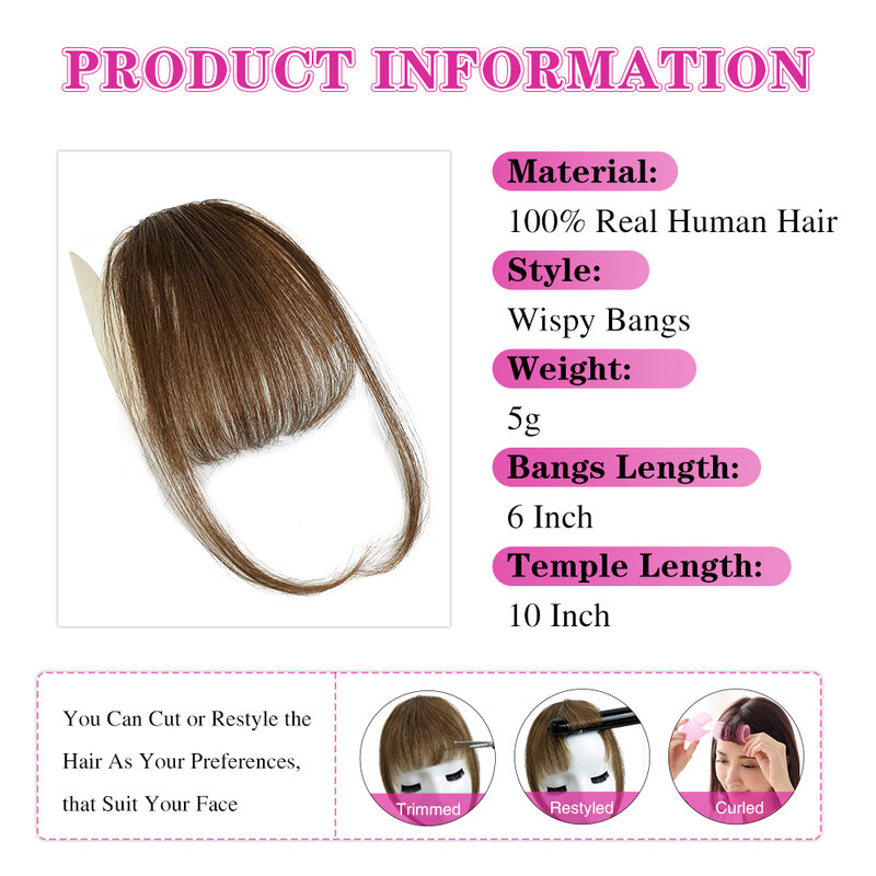 Clip de pelo con flequillo para mujer, extensiones de cabello humano 100%, flequillo Wispy con patillas, postizos, Clip en flequillo de aire