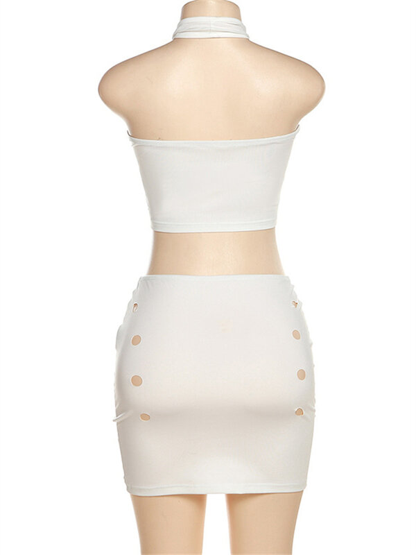 Habbris Spring Sexy White Halter Backless Crop Top And Skirt Sets Club Outfit For Women 2023 Hollow Out 2 Two Piece Sets Female