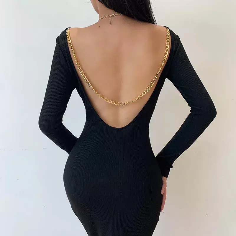 Round Neck Fashion Sexy Chain Backless Slim Dress Women 2023 Autumn and Winter New Women's Tide Long-sleeved Temperament Skirt