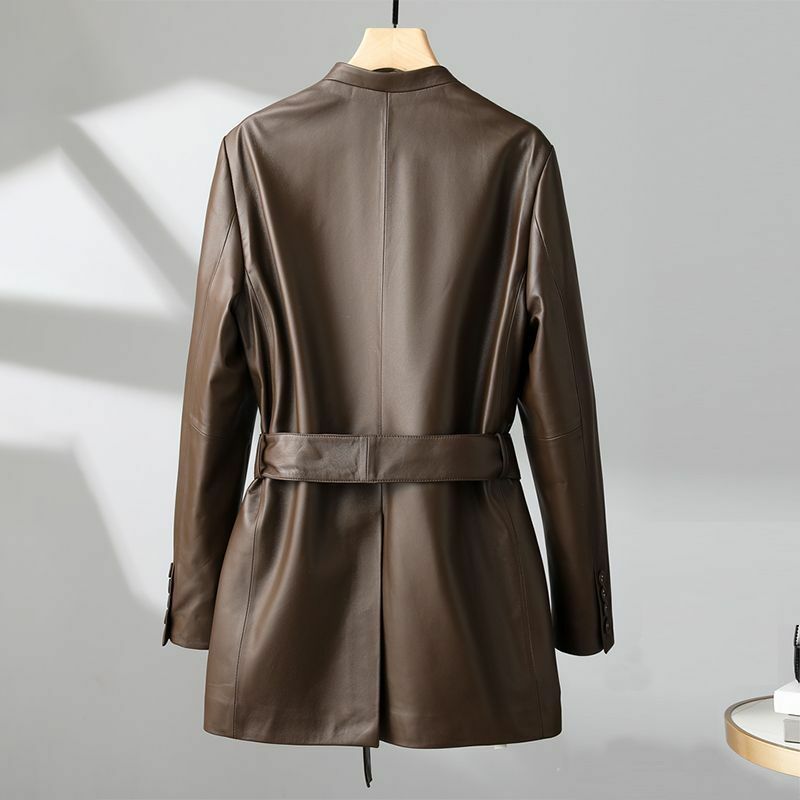 Jaket kulit maillar, mantel kulit musim semi musim gugur wanita baru, jaket kulit renda longgar leher-v, pakaian luar desain santai Korea