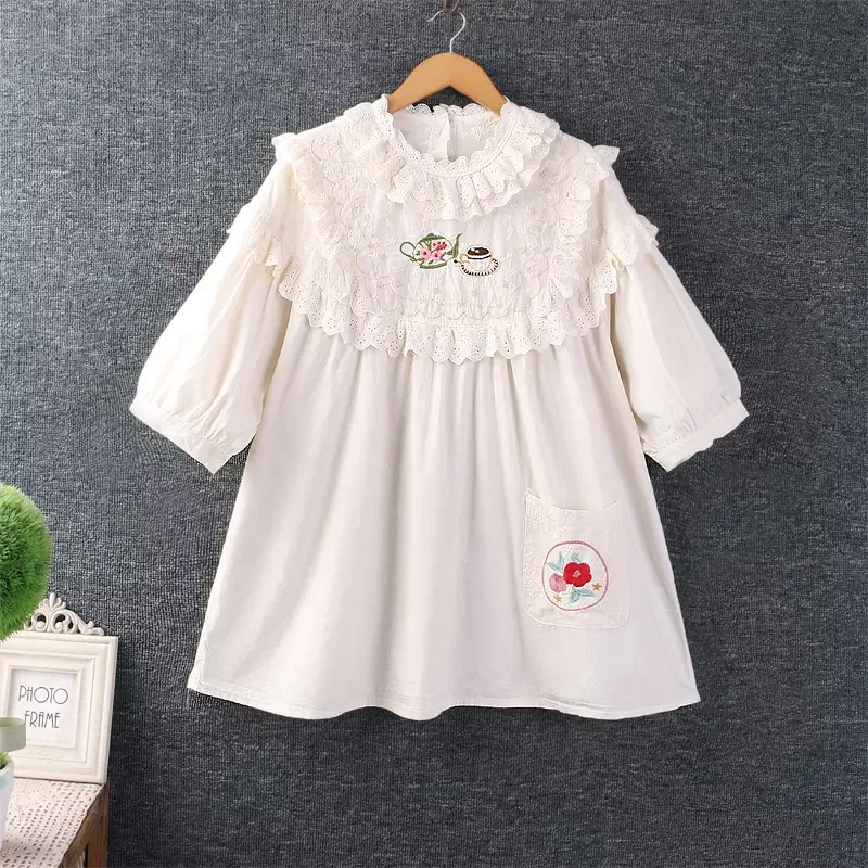 Летняя Милая Кружевная рубашка с цветочной вышивкой Mori Girl, Женская милая хлопковая Свободная блузка с коротким рукавом, блузки, топы
