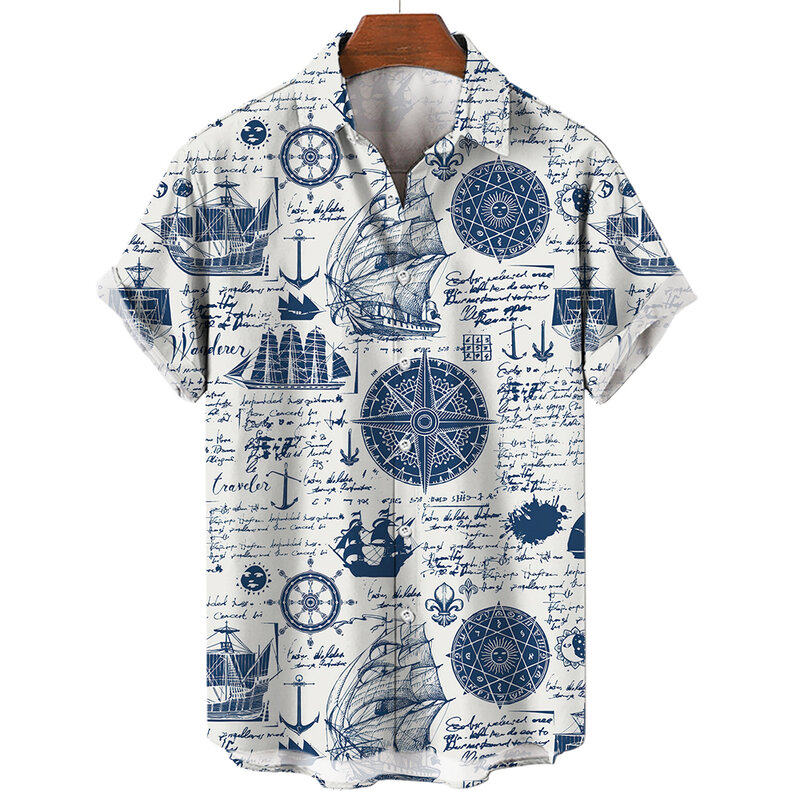 قميص رجالي كلاسيكي مطبوع عليه رسومات ثلاثية الأبعاد لعالم الإبحار ، نمط شاطئ هاواي غير رسمي ، أزياء كبيرة الحجم ، الصيف ، من من من من من الخارج