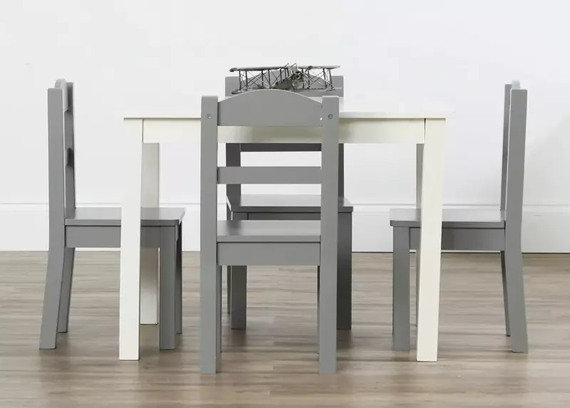 ชุดโต๊ะ & เก้าอี้ไม้5ชิ้นสำหรับเด็กสีขาว & สีเทา