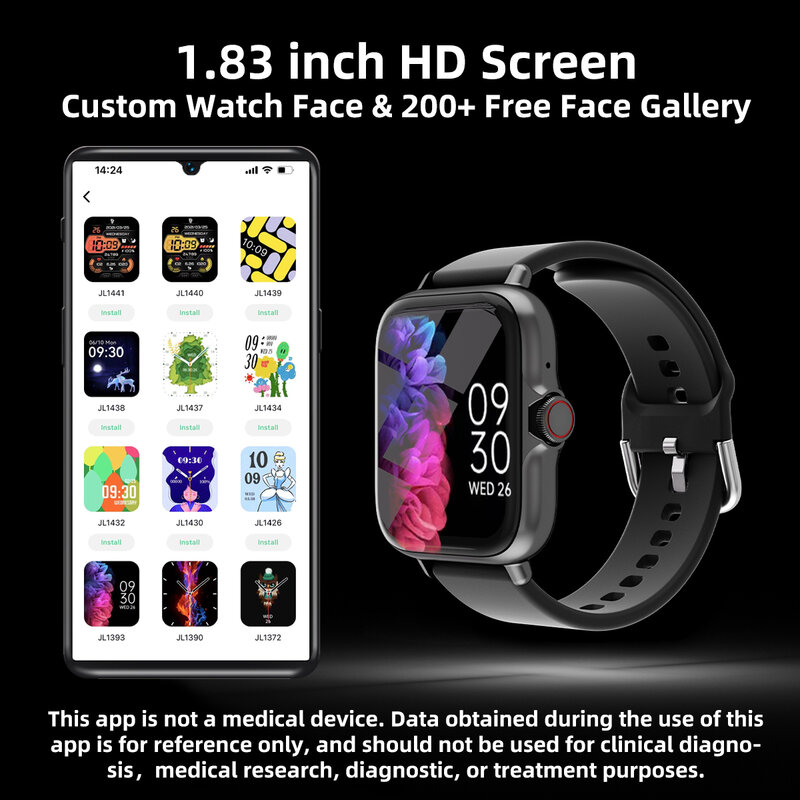 Jam tangan pintar tahan air 1.83 inci, arloji pintar olahraga dengan pesan menjawab panggilan, pemantau tidur, Pedometer informasi peringatan untuk iPhone Android