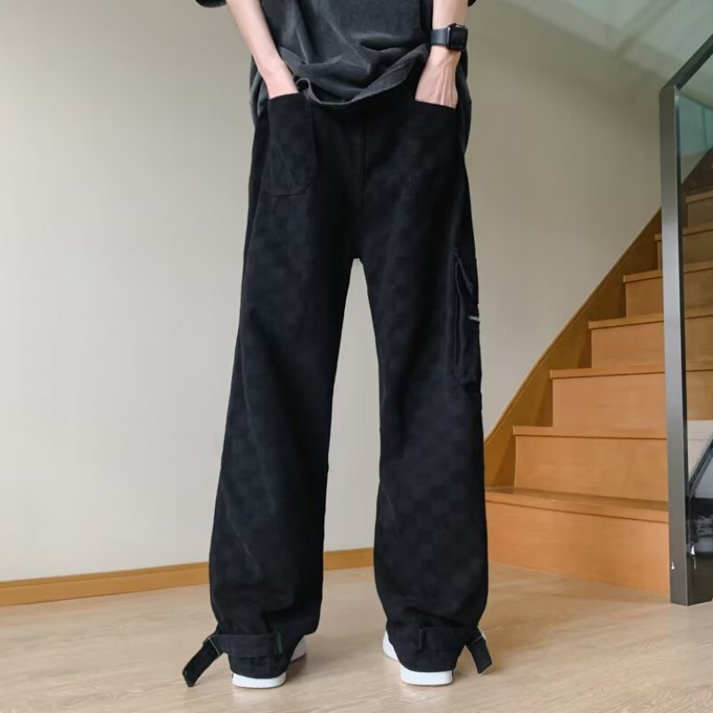 Celana kargo pria kotak-kotak streetwear nyaman chic sehari-hari mode kuliah kain pel berenda desain serbaguna gaya Jepang celana harajuku