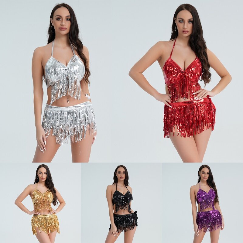 Belly Dance Dress Women's Sexy Sequins Tassels Nightclubs Samba Female Suit Top Skirt Chacha Pole Dancewear