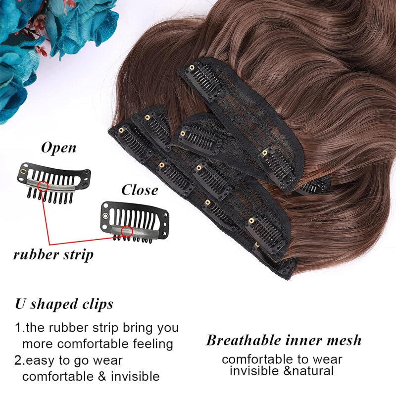 Extensions de cheveux synthétiques longs ondulés à clipser pour femmes, postiches à double trame, tête complète, perruque sans colle, ensemble de quatre pièces, 11clips