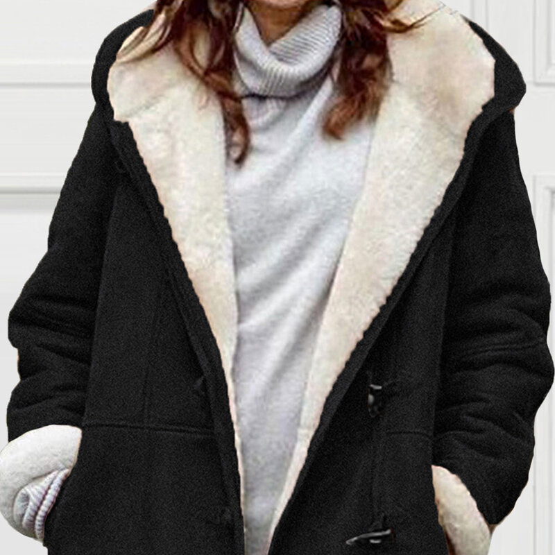 女性の豪華なフード付き長袖コート,ポケット付きコート,デイリーウェア,ブラック,プラスサイズ,秋冬