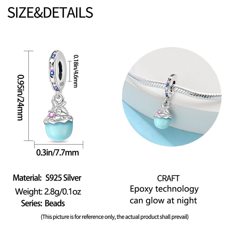 Elegant 925 Sterling Silver Glow In Dark Blue Starfish Bottle Charm Fit Pandora Bracelet Women's Wedding Jewelry Accessories