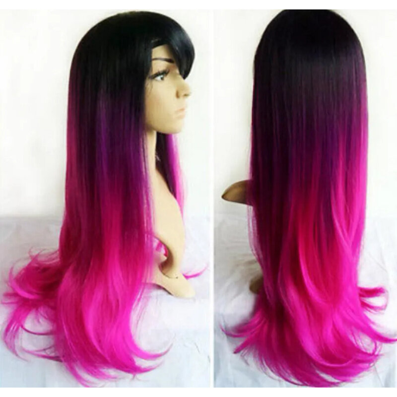 WIG Ladies Ombre 3-Tone Bla/Purple/Hot Pink 27 Long Straight Hair Vogue Style Wig