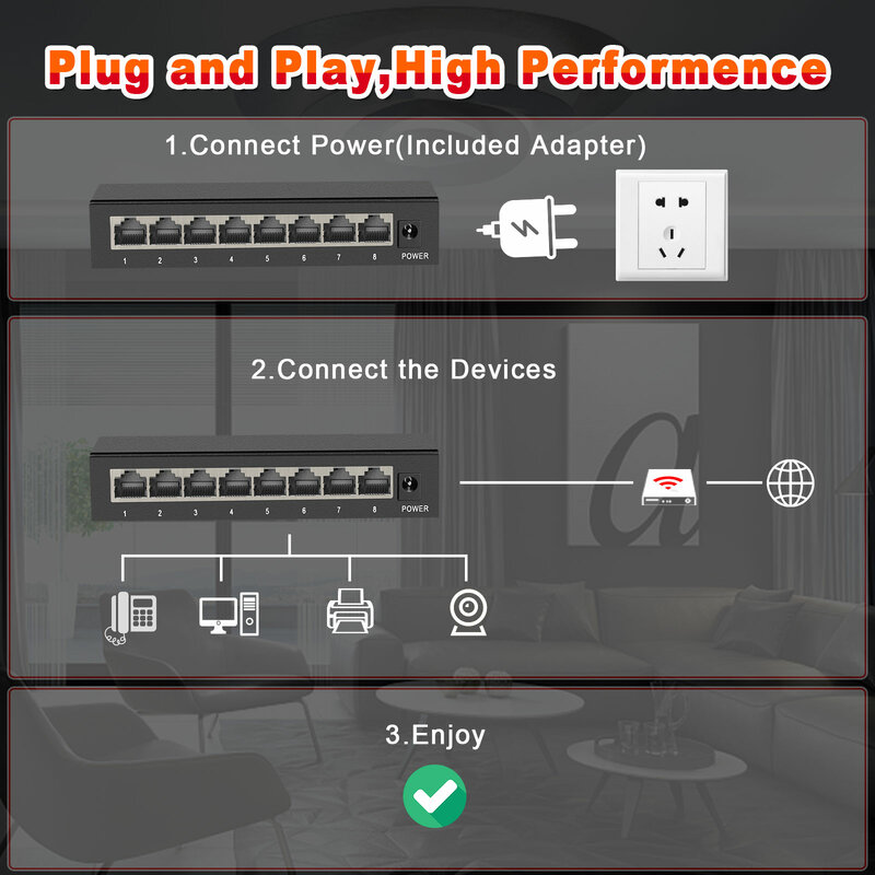 IENRON-Switch Gigabit Ethernet, Descontrolado Interruptor de Rede Metal, Plug and Play para Câmera IP, Wi-Fi Router, 8 Portas, 1000 Mbps