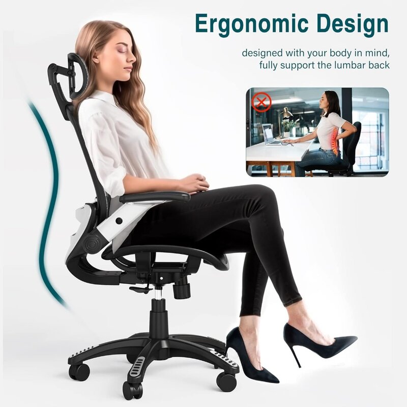 Ergonomiczny krzesło biurowe siatkowe, wysokim oparciem krzesło biurowe regulowany zagłówek z odchylanymi ramionami, funkcja odchylania stabilizator lędźwiowy