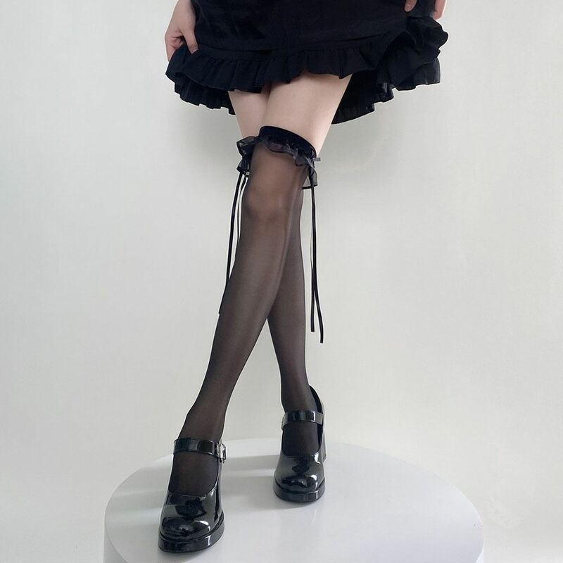 ロリータ-日本のコスプレ衣装,女性の靴下,弓のストッキング,チューブソックス,通気性のあるリボン,膝の上,etcore,jk