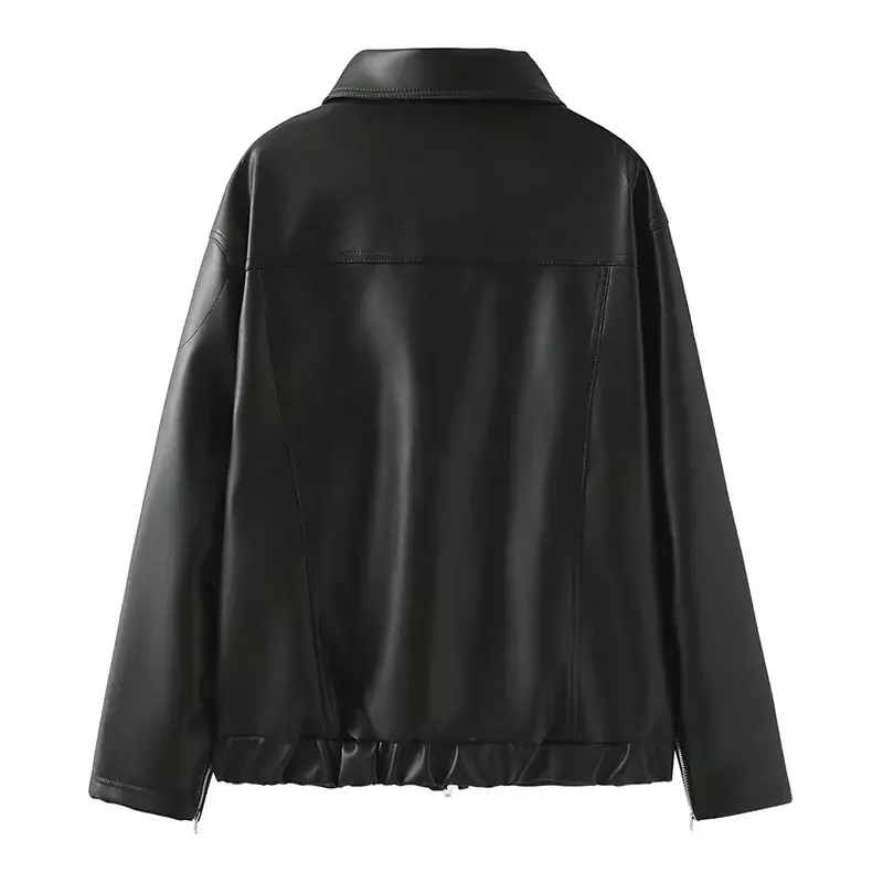 Jaqueta de inverno de couro sintético feminina, casaco de lapela, sobretudo com zíper arco, tops casuais femininos, roupas vintage, moda