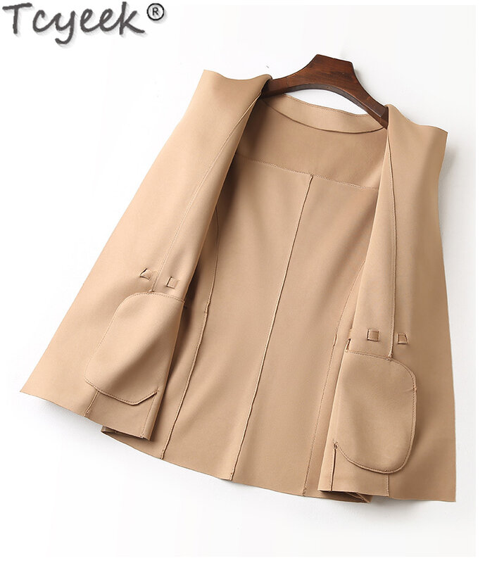 Tcyeek-chaqueta de cuero genuino para mujer, abrigo de piel de oveja, moda coreana, longitud media, 23