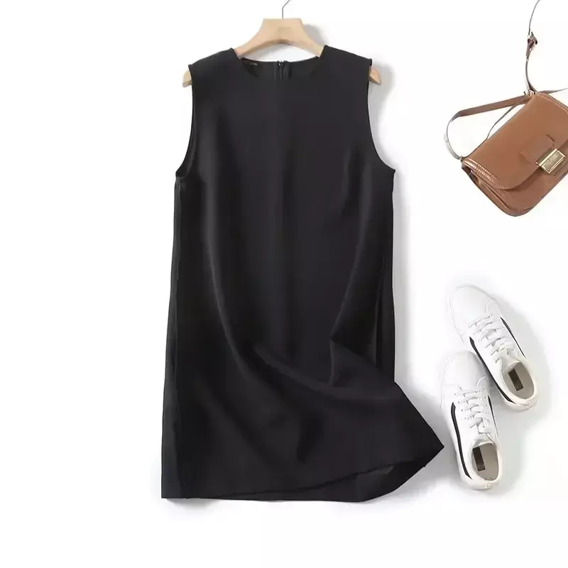 Mini vestido feminino sem mangas com o pescoço, moda minimalista chique, novo, retrô, 2023