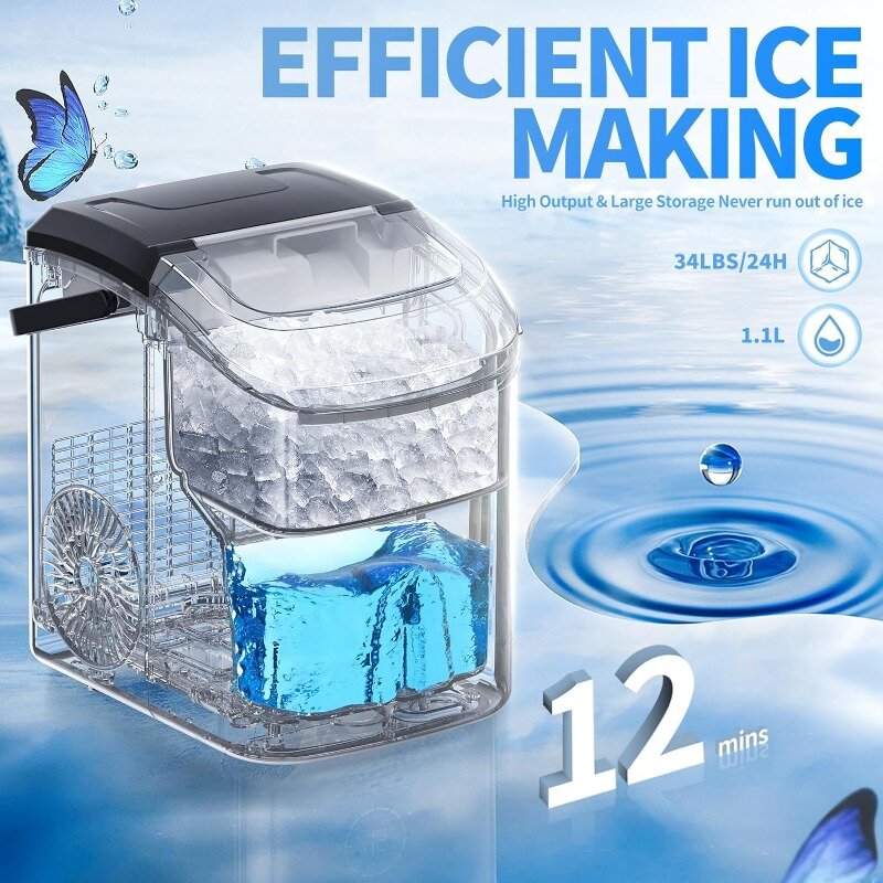 Bryłka blat kostkarka do lodu z miękkim lodem do żucia, 34Lbs/24H, kamyczkowa przenośna maszyna do lodu z łyżka do lodów, samoczyszcząca się