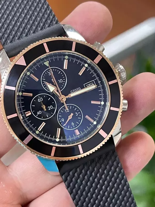 Relógio cronógrafo de quartzo de luxo masculino, aço inoxidável, preto, azul, borracha, ouro rosa, relógios desportivos, 46mm com data, novo