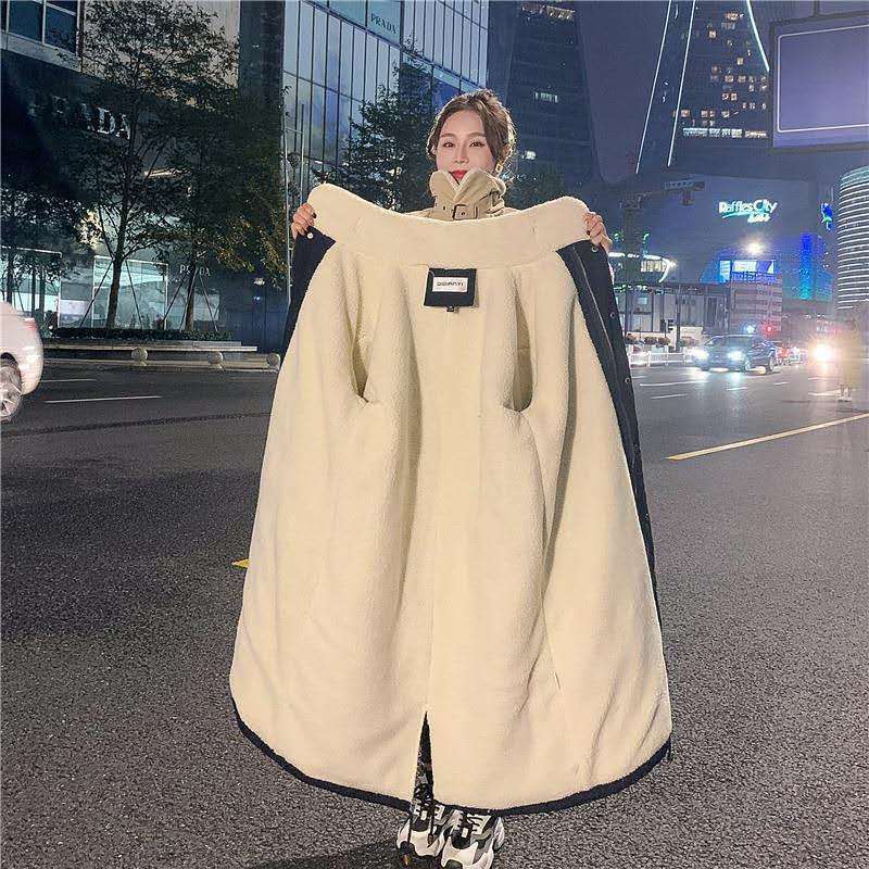 2023 New Cashmere Thickened Cotton Padded Coat Women Mid-Length Below The Knee Cotton Clothes Loose Fleece-Lined Parka Jacket