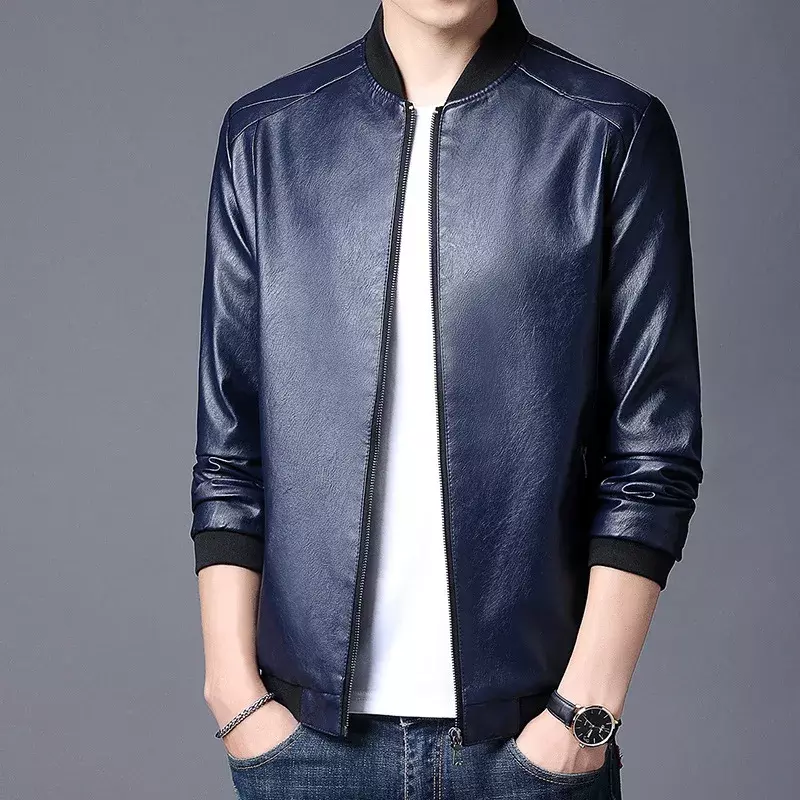 2024 Men Jacket Smooth Faux Leather Spring Jacket Solid Color Elastic Cuff Men Coat Slim Stand Collar Cardigan Jacket Daily Wear