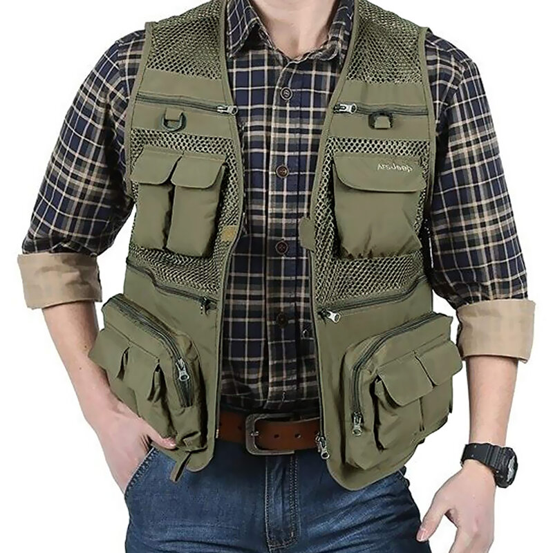 Chaleco táctico de malla para hombre, chaqueta sin mangas de trabajo con muchos bolsillos, ideal para fotógrafo de verano