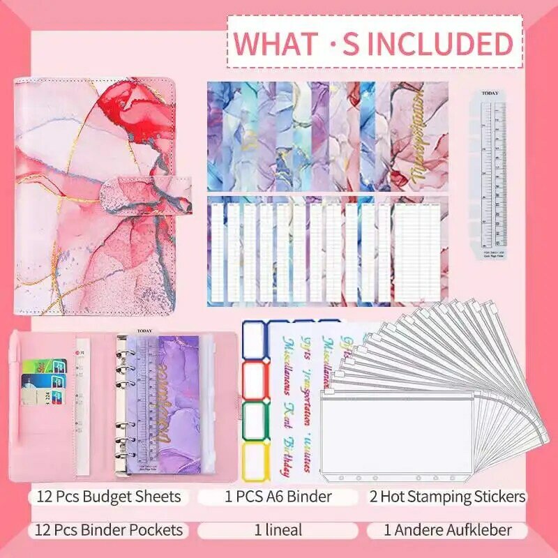 A6 PU Budget Binder with 12 Pcs Zipper Cash Envelopes, 12 Pcs Budget Sheets,Label Stickers,Money Organizer for Saving Budgeting