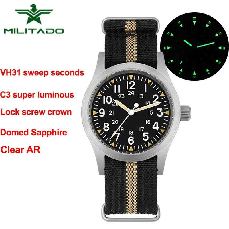 Militado ML05 38mm Military Field Watch VH31 Sweep Quartz Movement Domed Sapphire Crystal Waterproof 100M Super Luminous Watches
