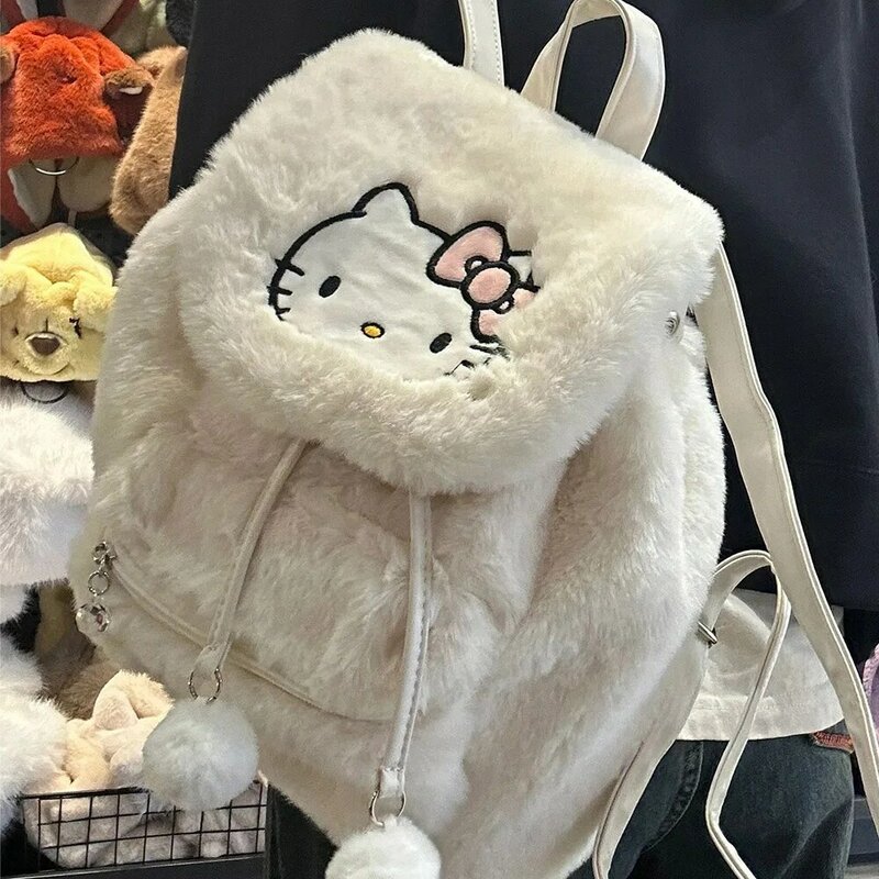Sanrio-mochila escolar de felpa para niña, bolso de hombro peludo Kawaii, bolso Simple que combina con todo, bolso lindo y esponjoso, mochila de viaje corto