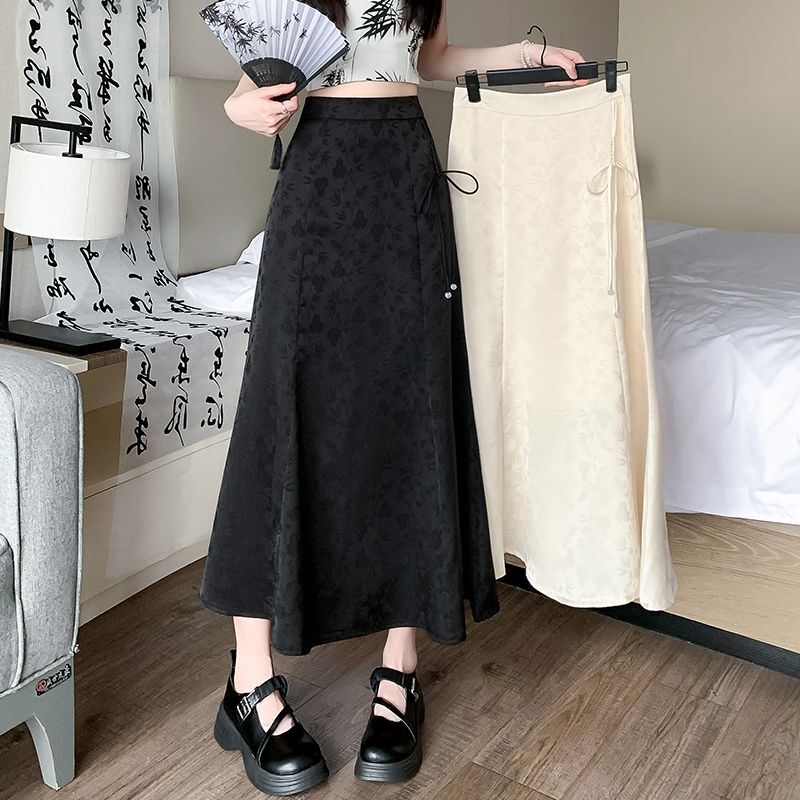 Rok Midi gaya Tiongkok pinggang tinggi antik musim panas pakaian wanita tali serut Fashion Jacquard Weave rok A-Line elegan baru