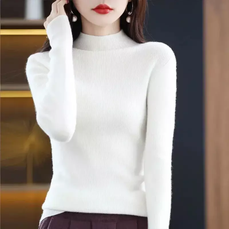 Temperament Pleated Pullover Sweater For Women Long-Sleeve Female S-2XL Siz Half High Collar Underlay Sleeve Sweater Slim Fit