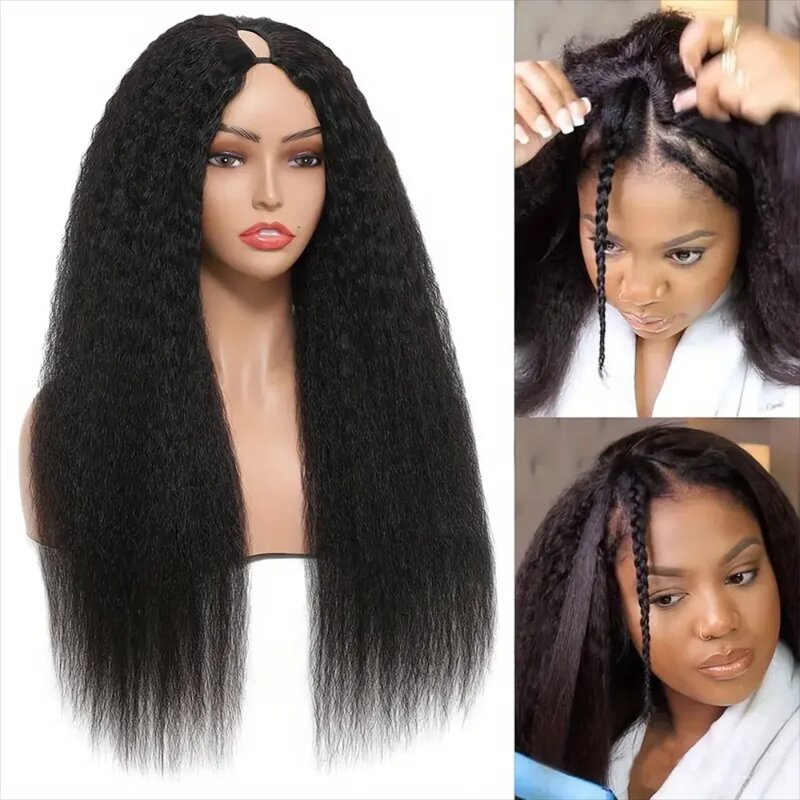 Glueless Kinky Straight U Part Human Hair Wigs Natural Black Full Yaki Straight Wig With No Leave Out U Part Wigs Human Hair