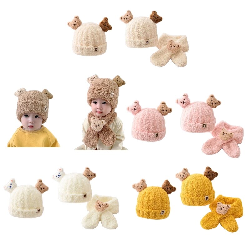 Set Syal Leher Topi Musim Dingin Bayi Topi Beanie Hangat Lembut Beruang Lucu Syal untuk Bayi Balita Bayi Perempuan Laki-laki