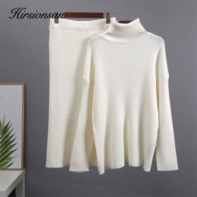 Hirsionsan Elegante Gestrickte Sets Frauen 2023 Neue Casual Zwei Stücke Schildkröte Neck Pullover und Midi Rock Weibliche Warme Anzüge mit rock