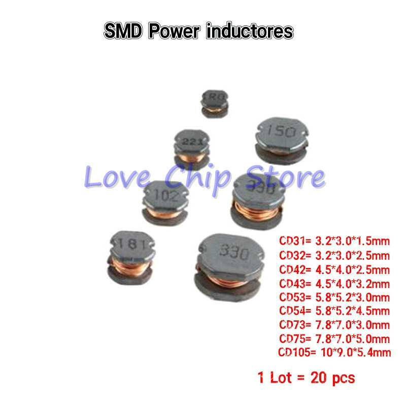 20pcs Inductores de potencia SMD Power Inductor CD105 2.2/3.3/4.7/6.8/10/15/22/33/47/68/100/150UH 1MH 2.2MH 10*9.0*5.4MM
