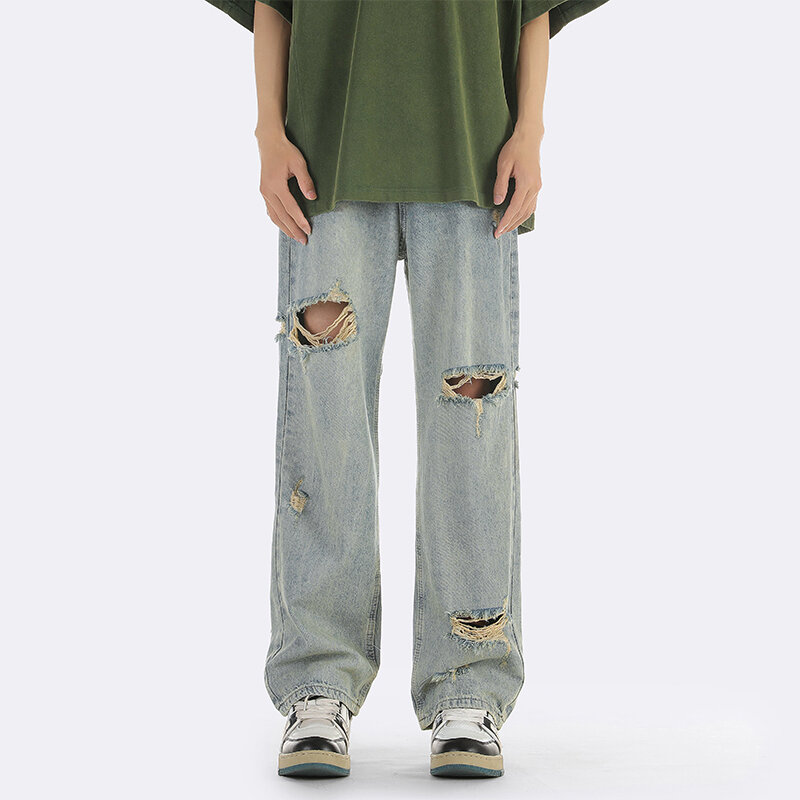 2024 г., уличные трендовые брюки, повседневные свободные рваные джинсы