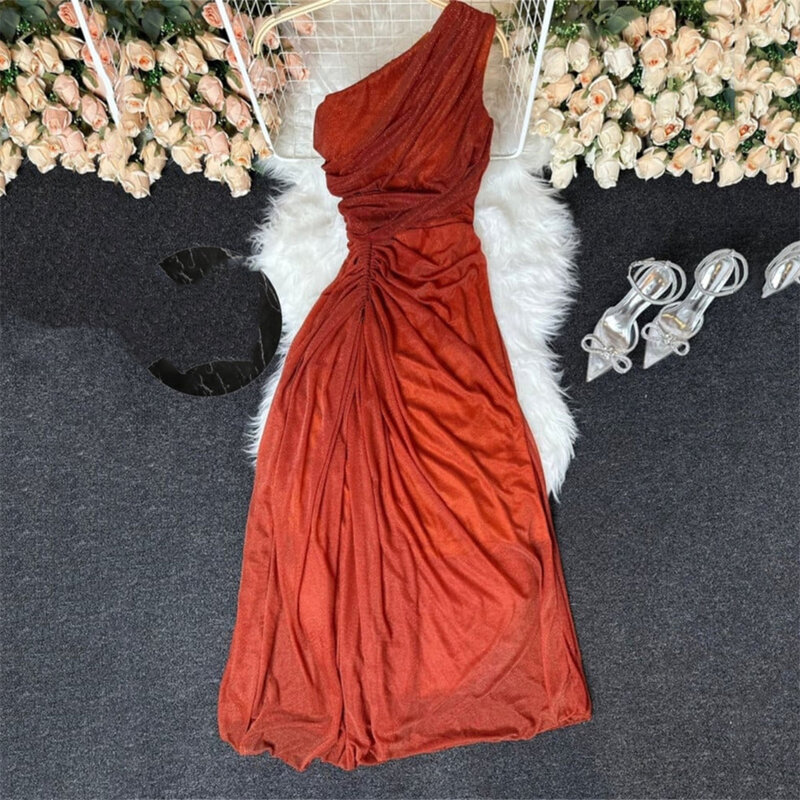 MINGLAN Classic One Shoulder Sleeveless Pleat Mermaid Long Evening Dress Floor Length Fashion Prom Gown For Woman New 2023