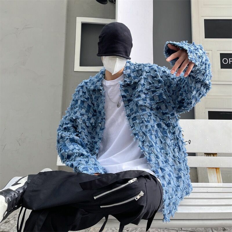 Mendicante Styles scacchiera sfilacciata Demin cappotto da uomo Plaid Vinatge nappa Vibe giacche Ins Streetwear Punk Hip Hop Chic cappotti