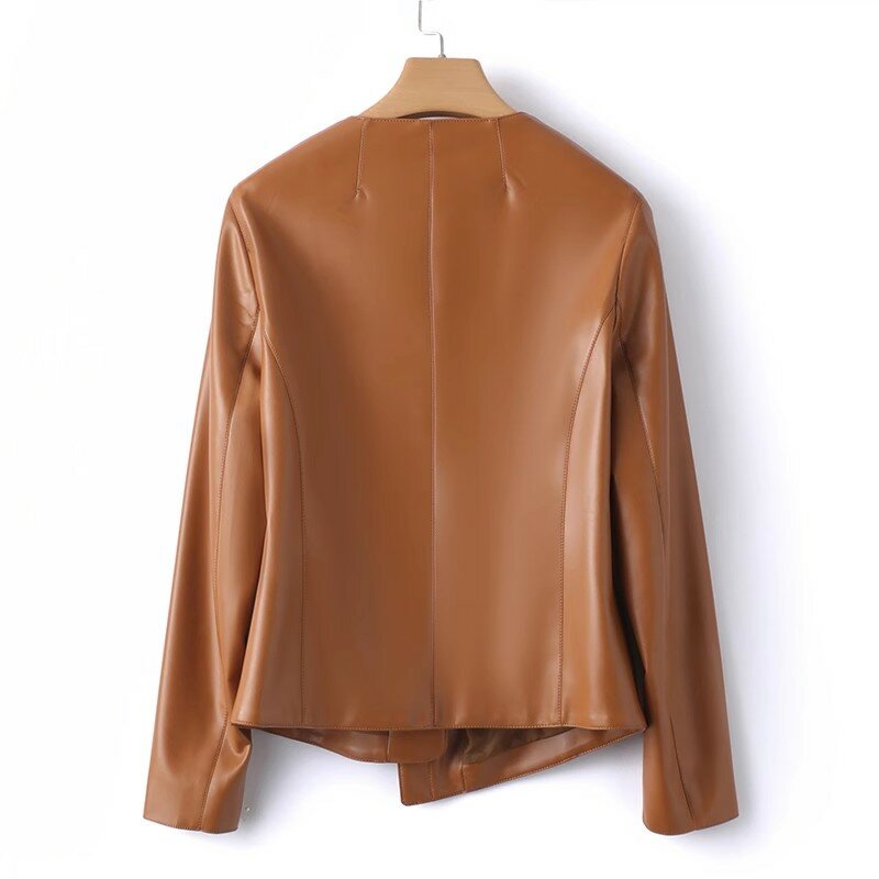 Женская Асимметричная куртка на молнии, повседневная Бежевая облегающая куртка из натуральной кожи с длинным рукавом, 2023